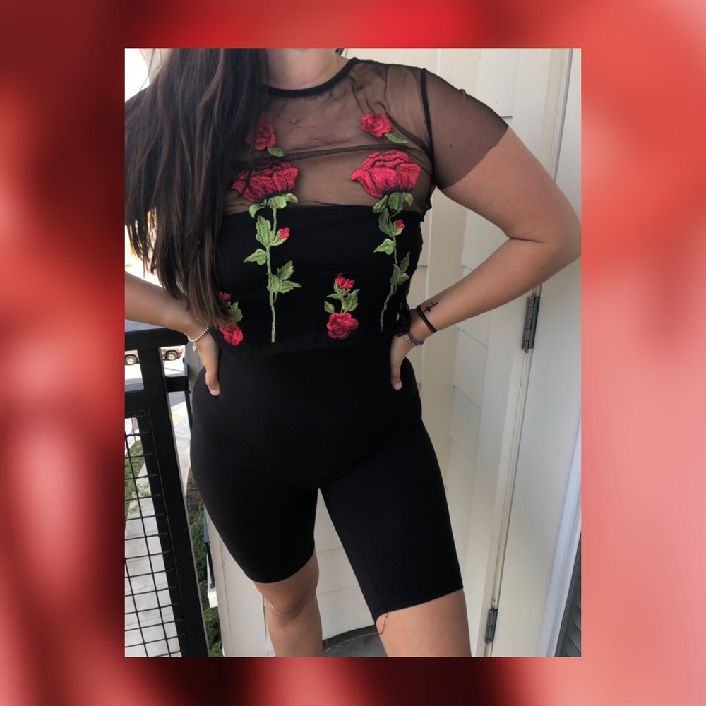 Black Mesh Top with Embroidered Roses